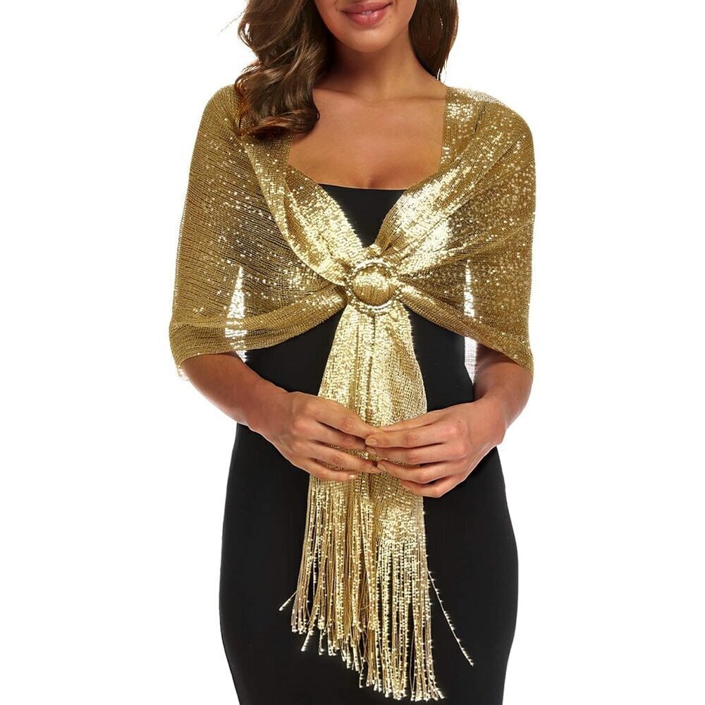 Women’s Evening Shawl Wrap Polyester with Buckle Fringe Metallic Accent